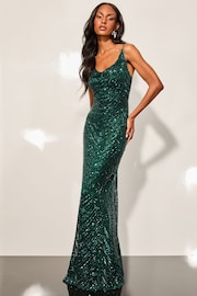 Lipsy Green Petite Paige Sequin Cami Cowl Bridesmaid Dress - Image 2 of 4