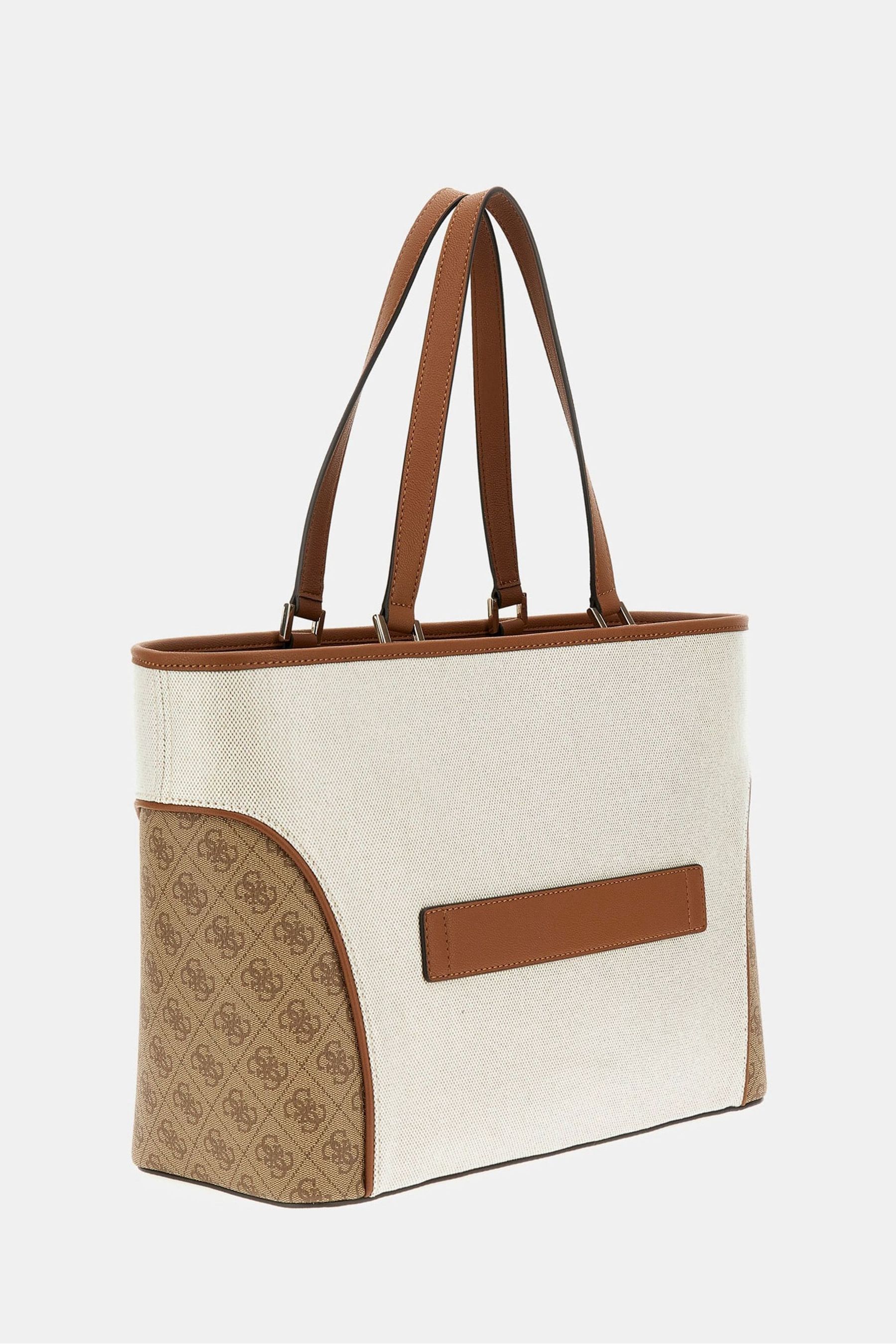 Guess Cream And Tan Brown Logo Kerima Tote Bag