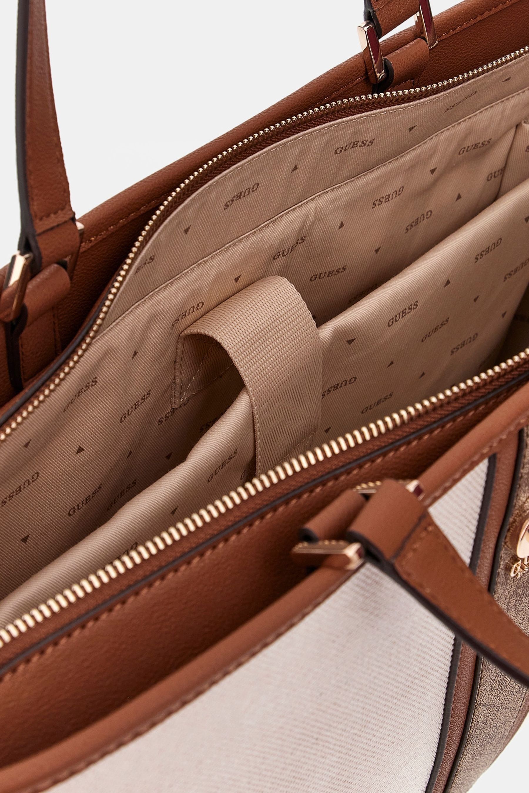 Guess Cream And Tan Brown Logo Kerima Tote Bag