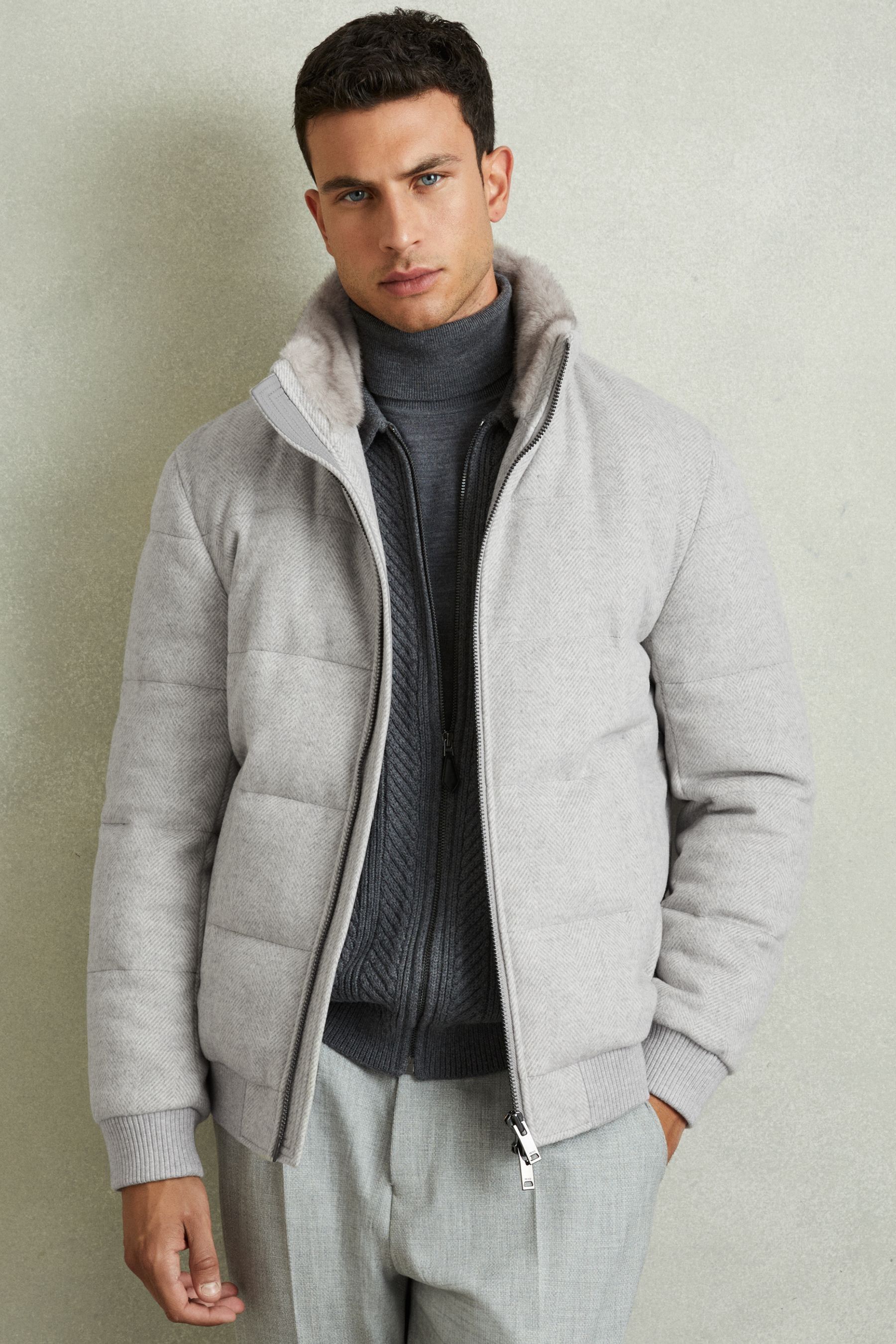 Buy Reiss Soft Grey Melange Farid Quilted Wool Blend Herringbone and Faux Fur Jacket from the Next UK online shop