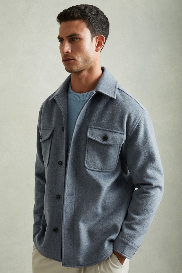 Reiss Airforce Blue Liam Wool-Blend Melton Overshirt - Image 1 of 6