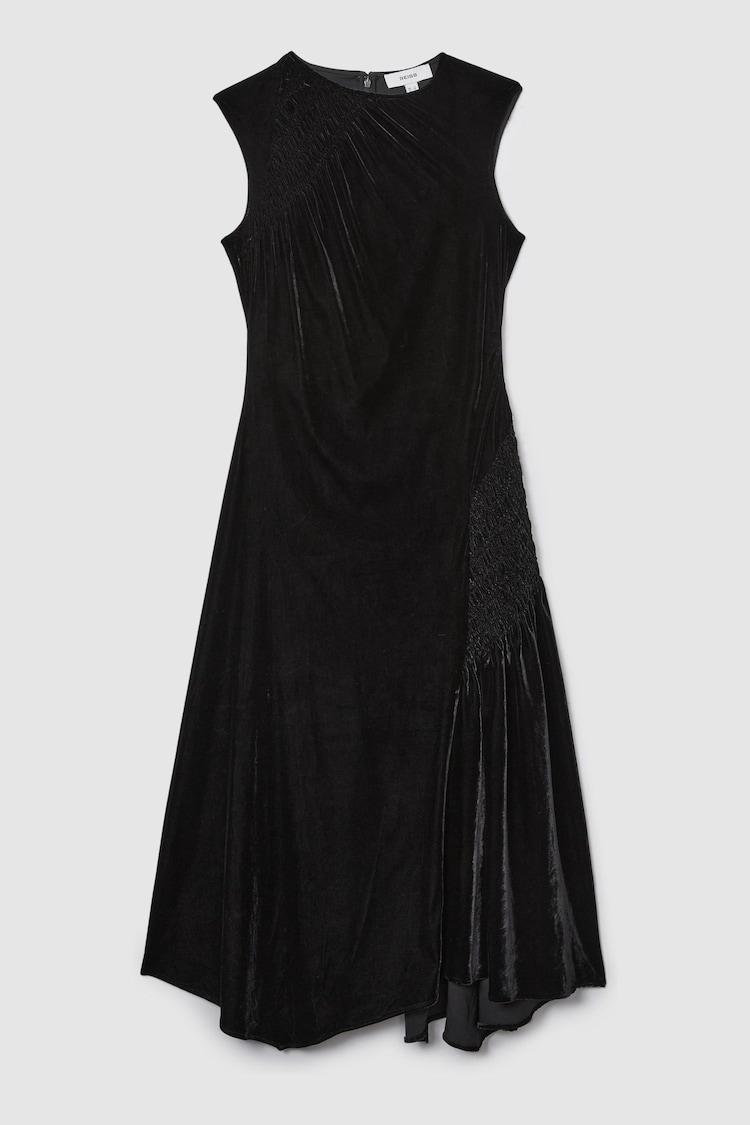 Reiss Black Blakely Velvet Shirred Panel Midi Dress - Image 2 of 5