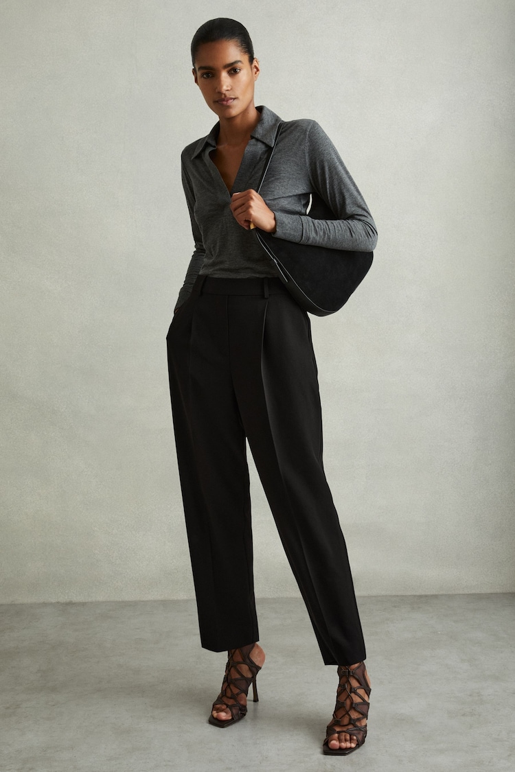 Reiss Black Eden Taper Front Pleat Tapered Trousers - Image 1 of 6