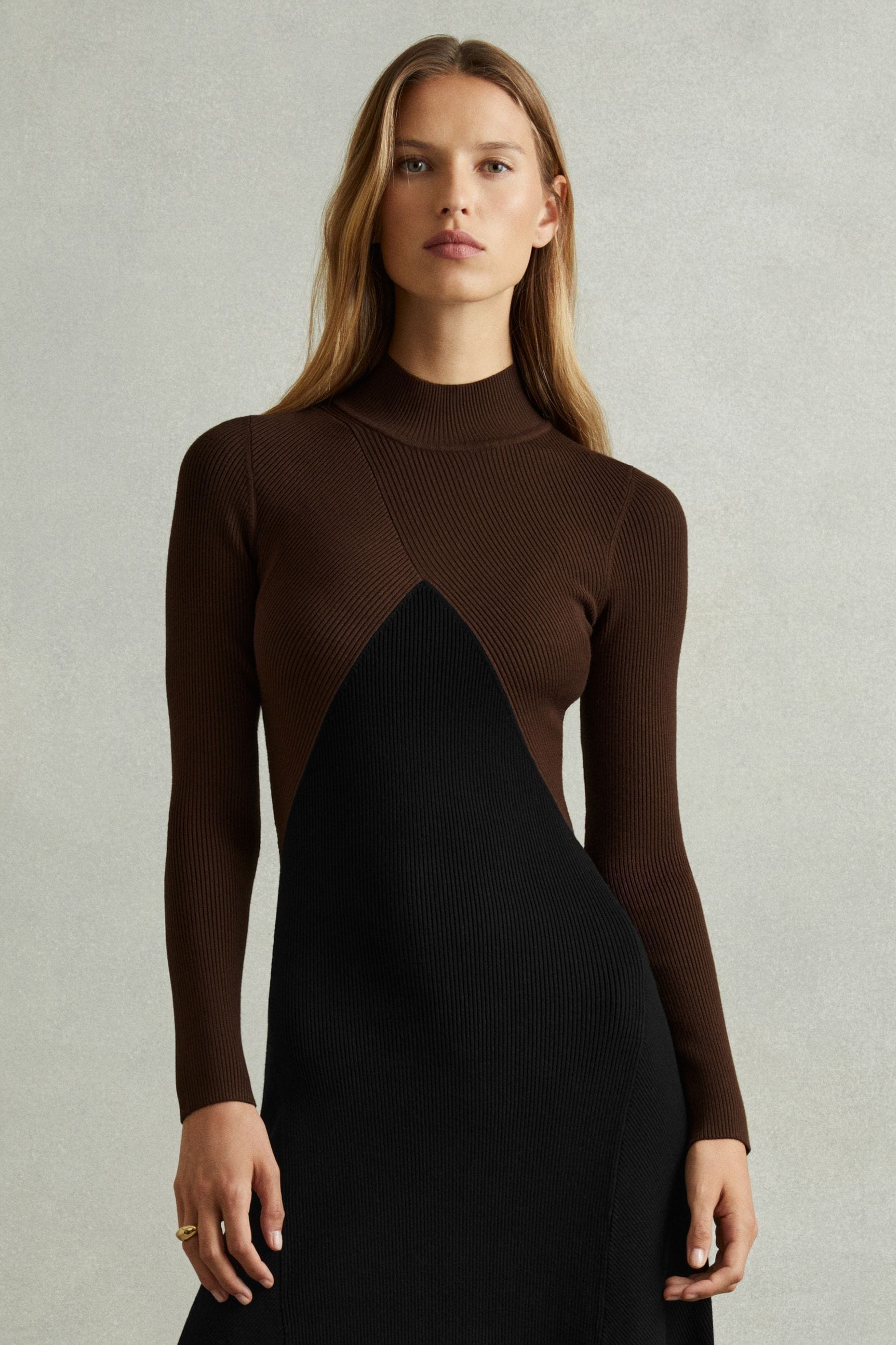 Buy Reiss Chocolate Black Hope Petite Colourblock Ribbed Midi Dress from Next Luxembourg