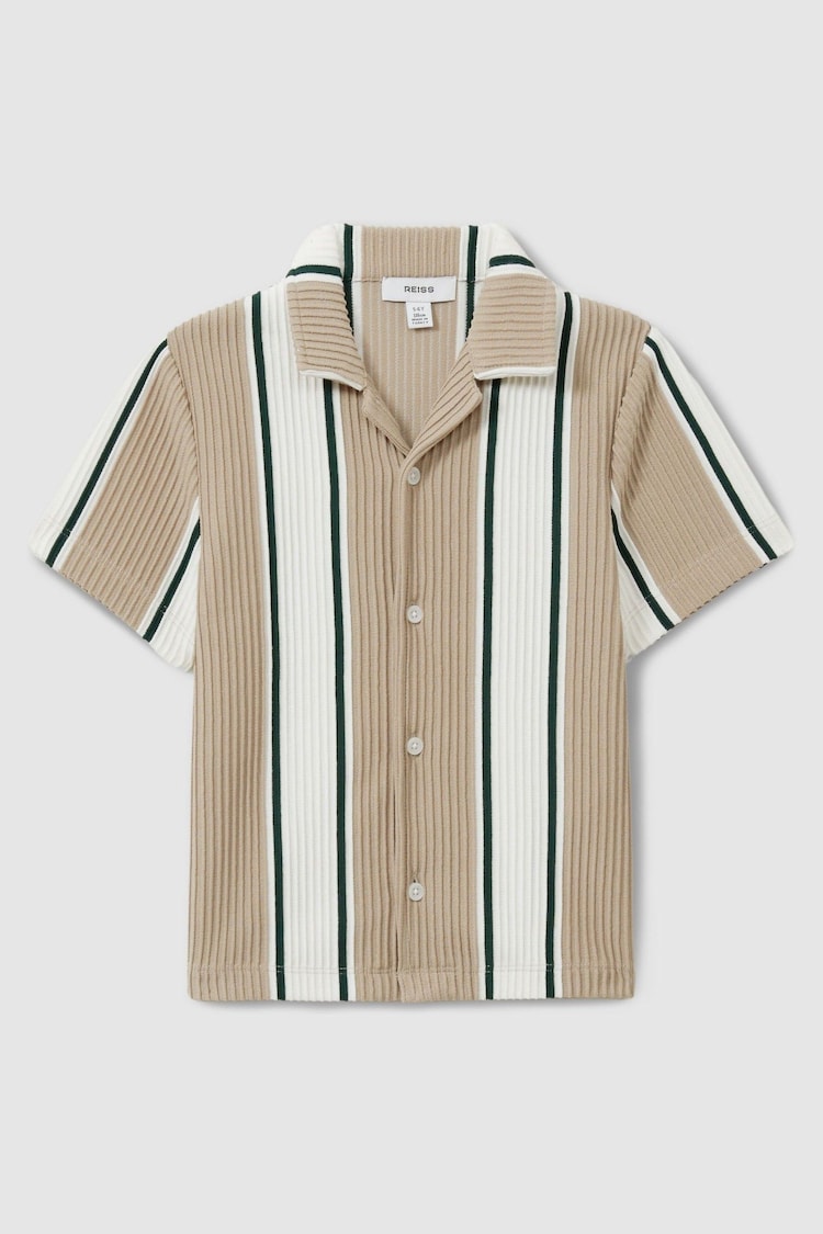 Reiss Camel/Off White/ Forest Green Alton Teen Ribbed Cuban Collar Shirt - Image 1 of 4