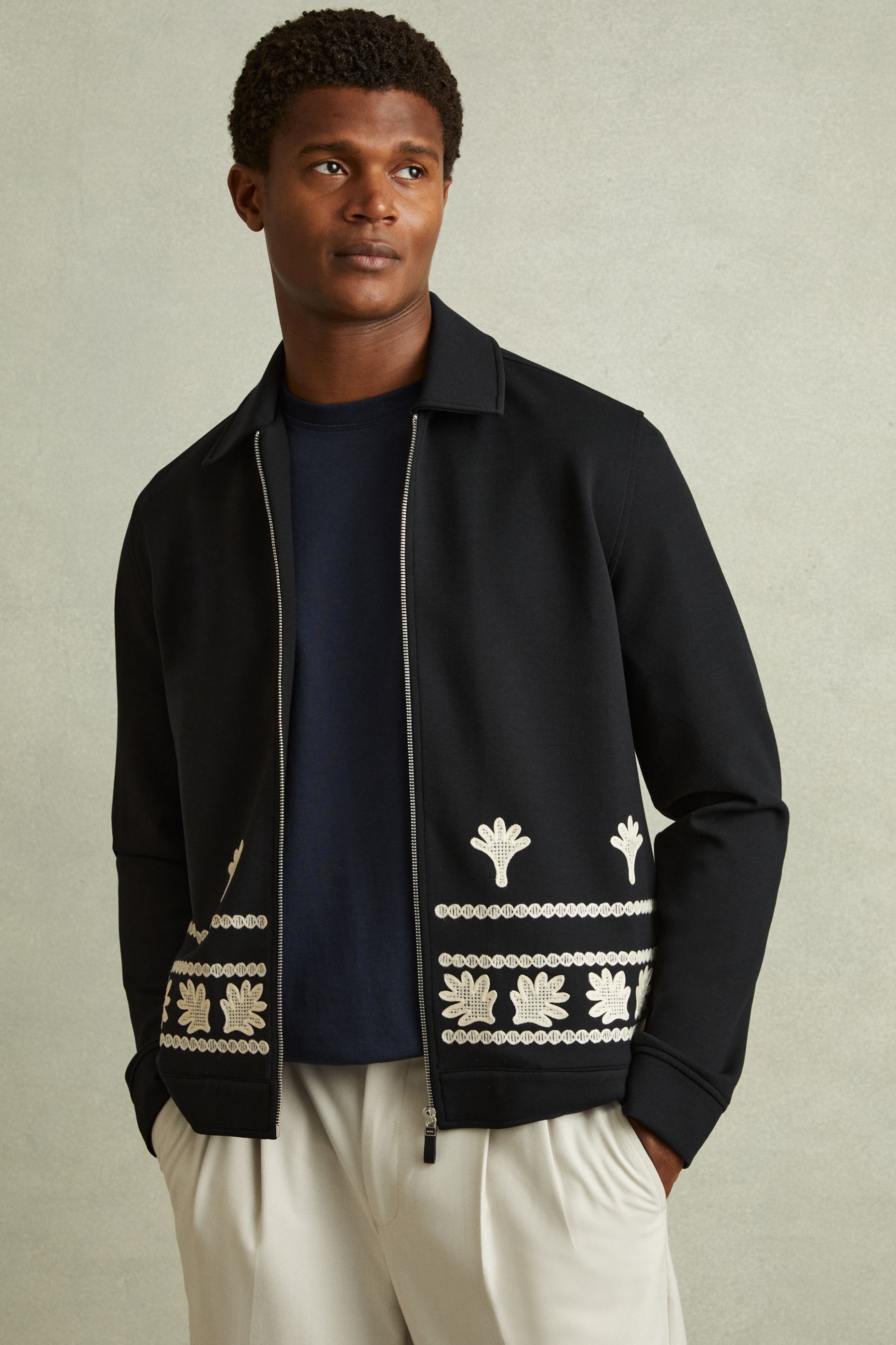 Navy embroidered jacket discount