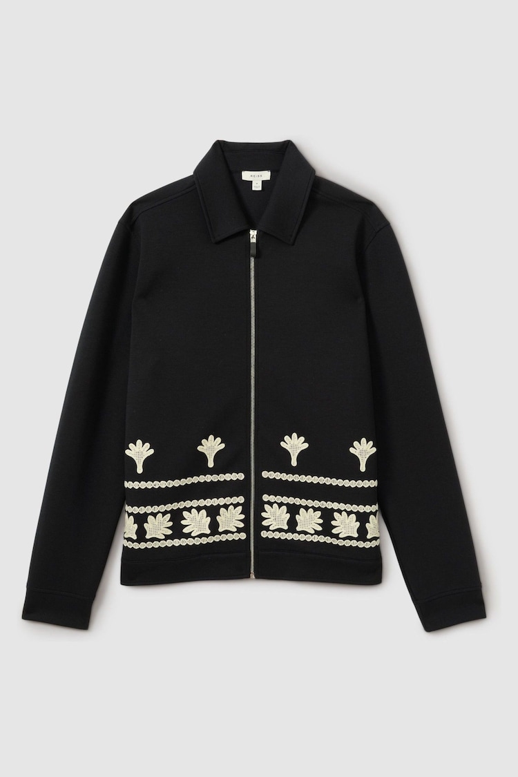 Reiss Navy Gatsby Interlock Jersey Embroidered Jacket - Image 2 of 5