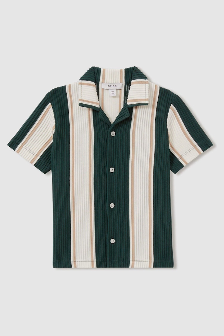 Reiss Forest Green/ Off White/ Soft Camel Brown Alton 9-13 yrs Ribbed Cuban Collar Shirt - Image 2 of 4