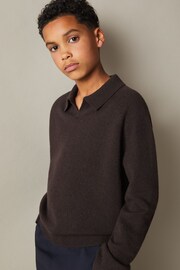 Reiss Chocolate Brown Grange Teen Wool-Cashmere Open-Collar Jumper - Image 3 of 4