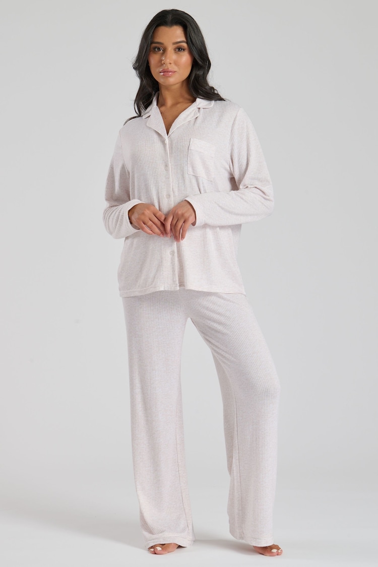 Loungeable Brown Marl Brushed Rib Long Sleeve Buttoned Pyjamas - Image 1 of 6