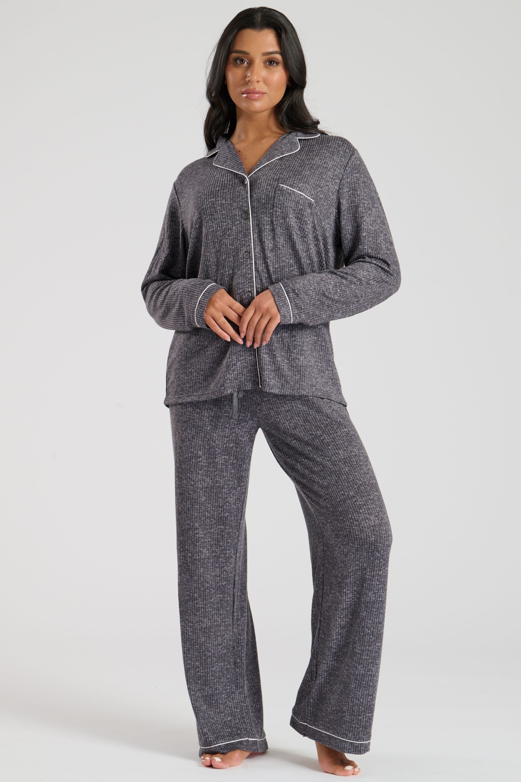 Loungeable Grey Marl Brushed Rib Long Sleeve Buttoned Pyjamas X Large Womens