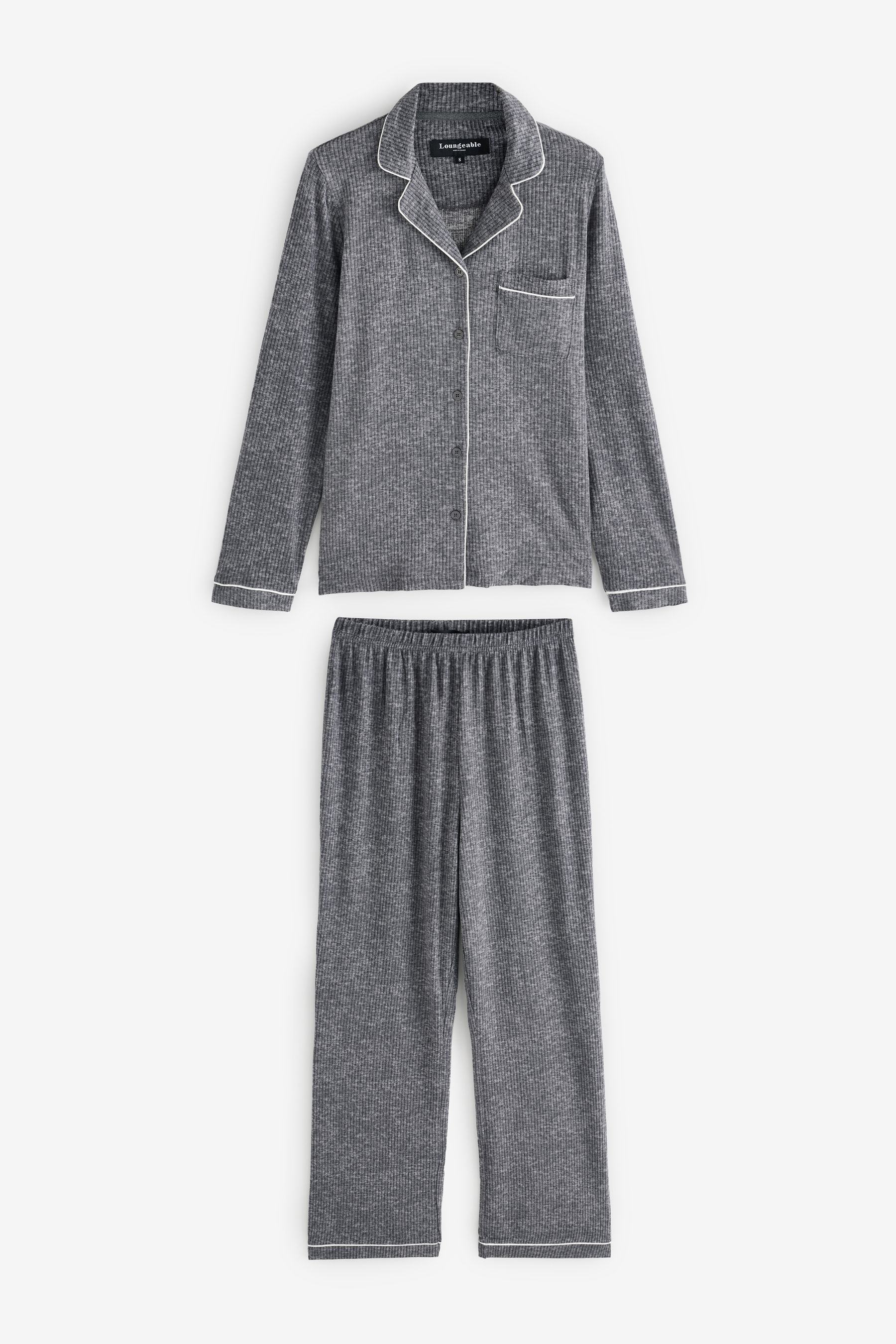 Buy Loungeable Grey Marl Brushed Rib Long Sleeve Buttoned Pyjamas from Next Canada