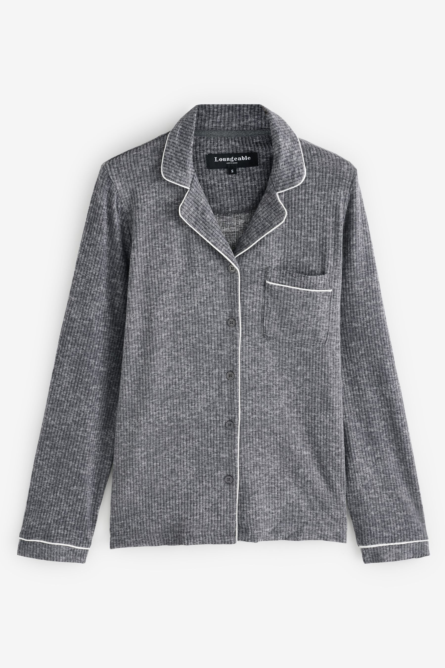 Buy Loungeable Grey Marl Brushed Rib Long Sleeve Buttoned Pyjamas from Next Canada
