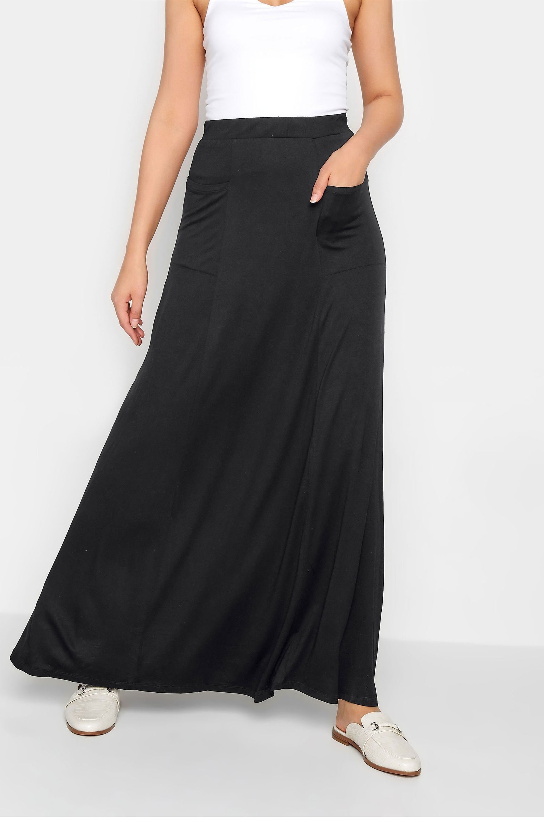Long black fit flare skirt new arrivals