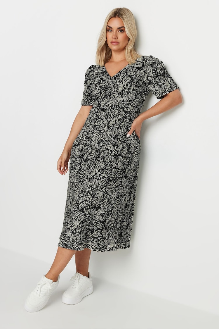 Yours Curve Black Paisley Print Textured Milkmaid Dress - Image 1 of 5