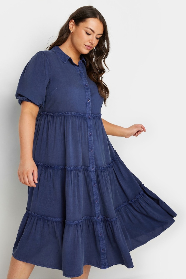 Yours Curve Blue Button Front Chambray Midi Dress - Image 2 of 5