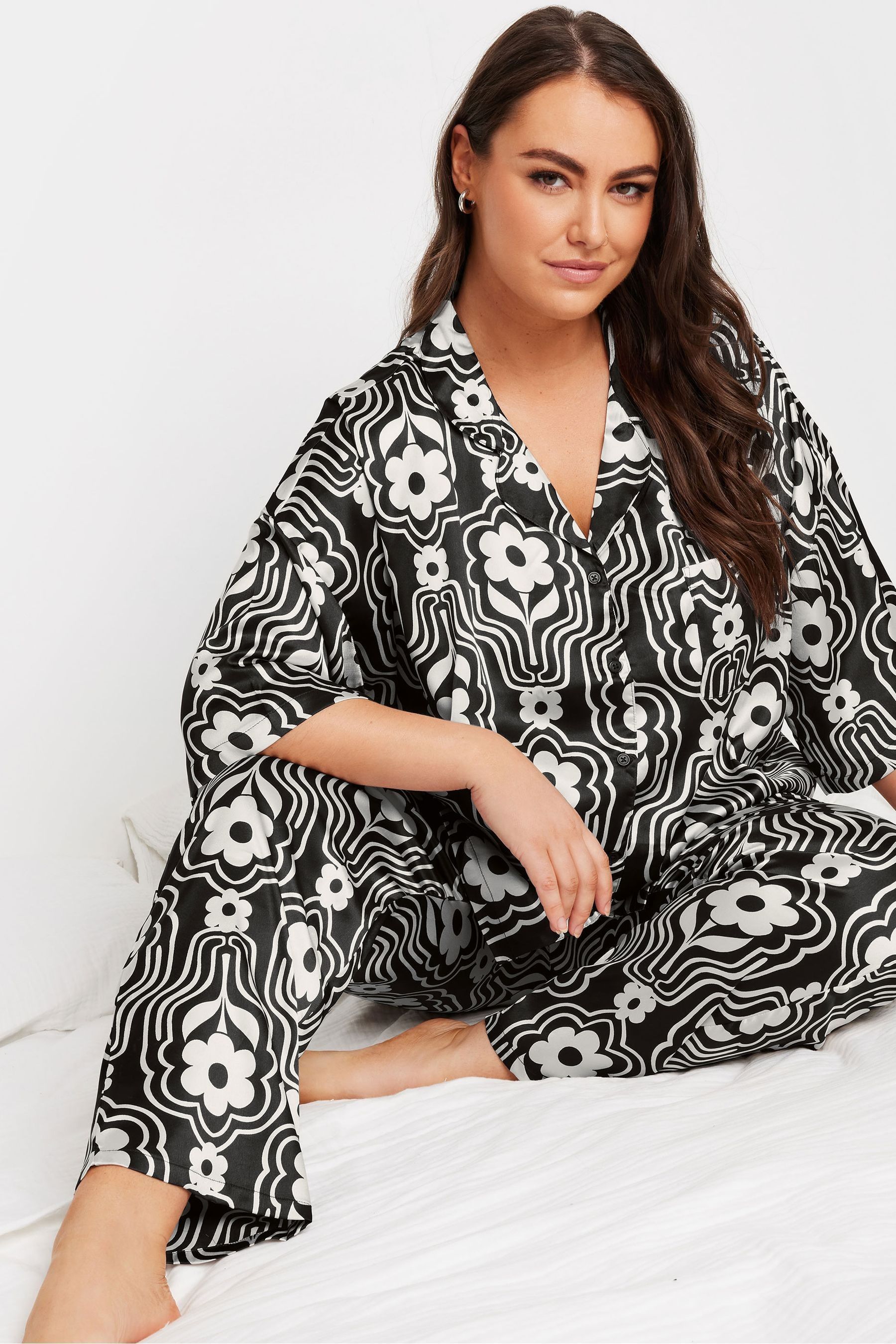 Yours Curve Black Satin Pyjama Set 22 24 Womens