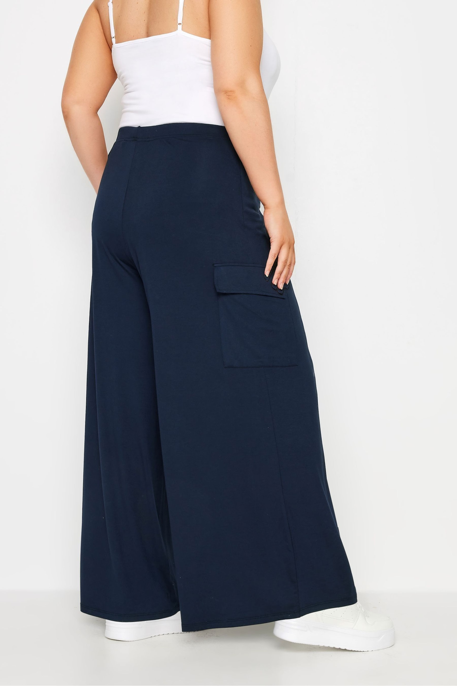 Yours Curve Blue Jersey Wide Leg Cargo Trousers - Image 3 of 5