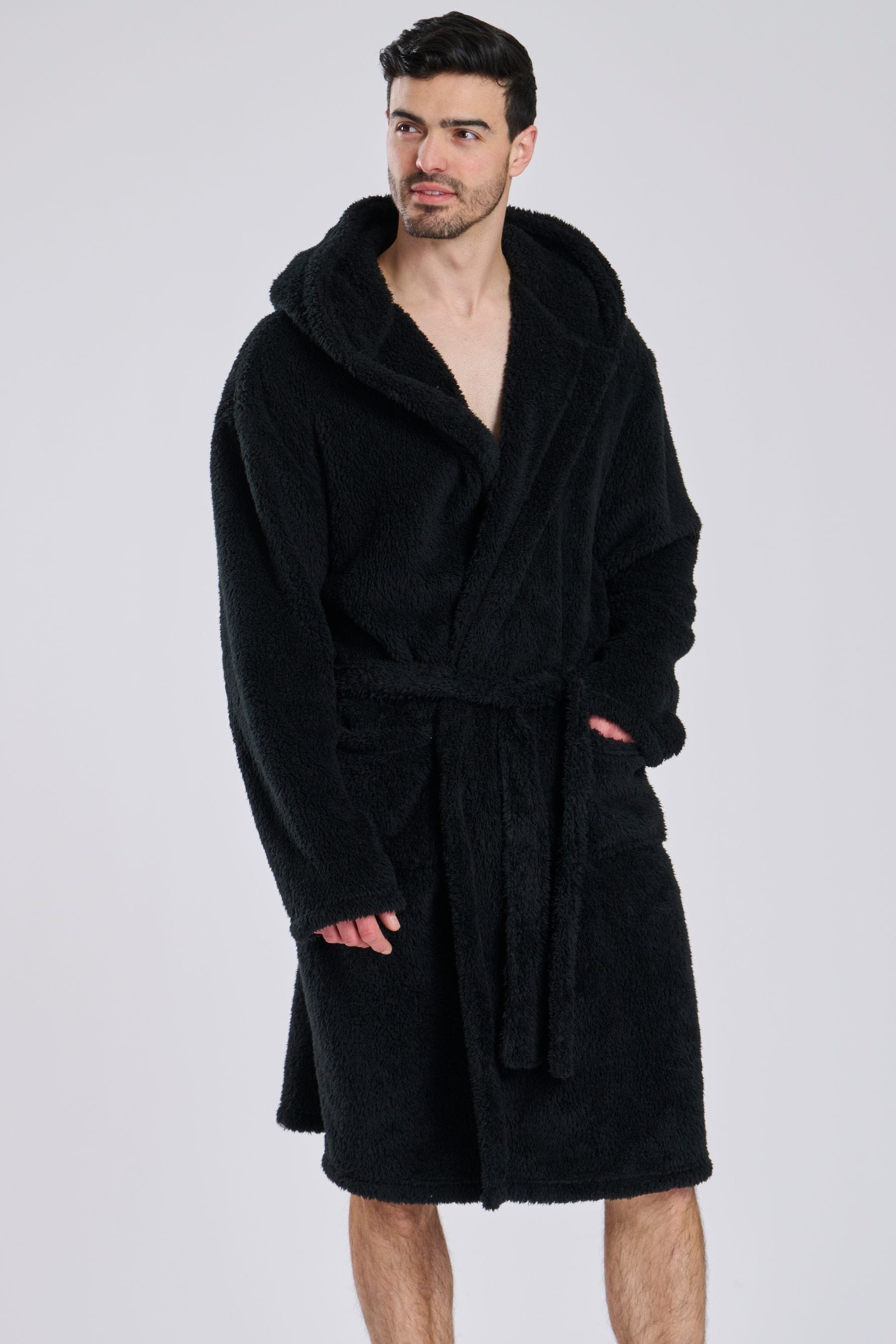 Loungeable Black Sherpa Hooded Dressing Gown