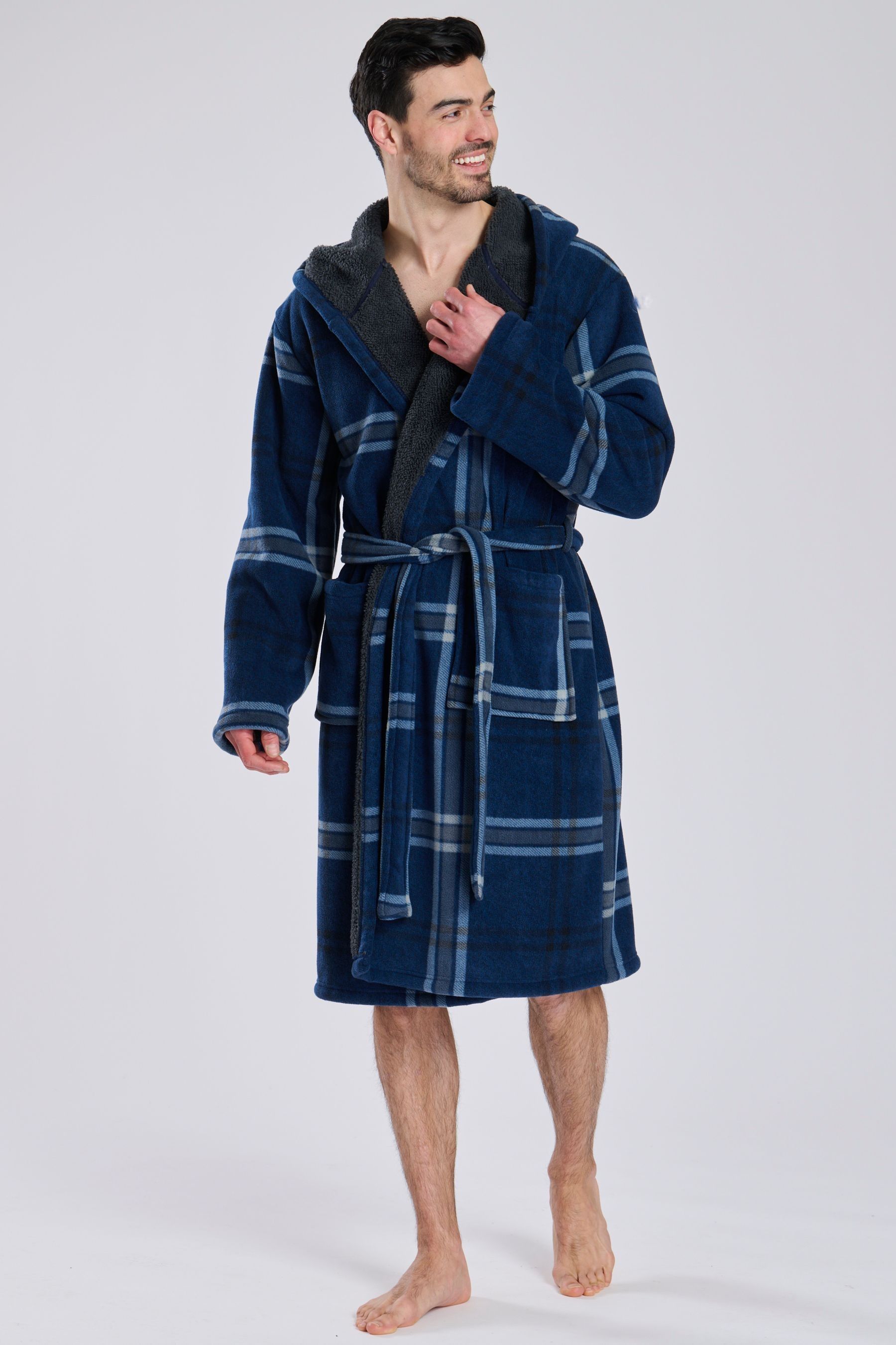 Buy Loungeable Blue Check Bonded Fleece Lined Hooded Dressing Gown from the Next UK online shop