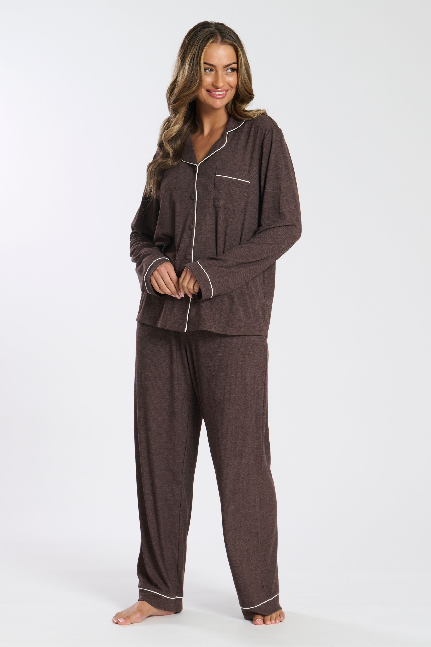 Buy Loungeable Brown Soft Jersey Ribbed Button Through Long Pyjamas from Next Luxembourg