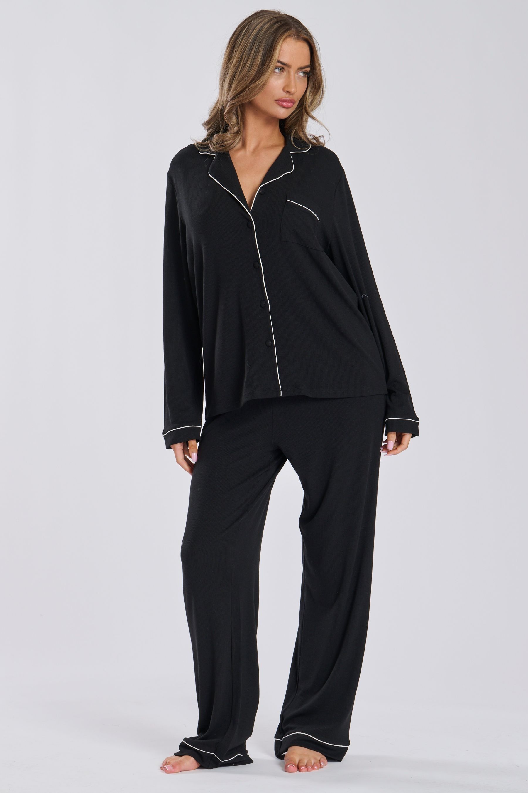 Loungeable Black Soft Jersey Ribbed Button Through Long Pyjamas
