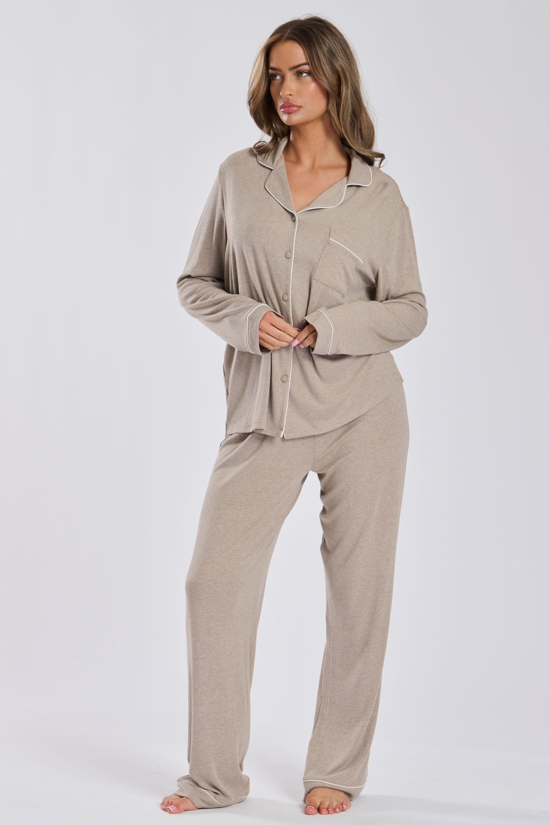 Buy Loungeable Brown Soft Jersey Ribbed Button Through Long Pyjamas from Next Canada