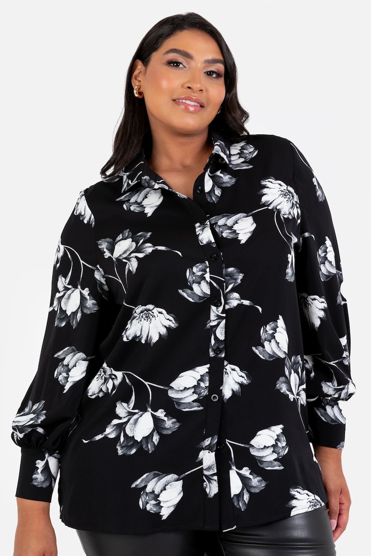 Lovedrobe Oversize Satin Printed Black Shirt - Image 1 of 5