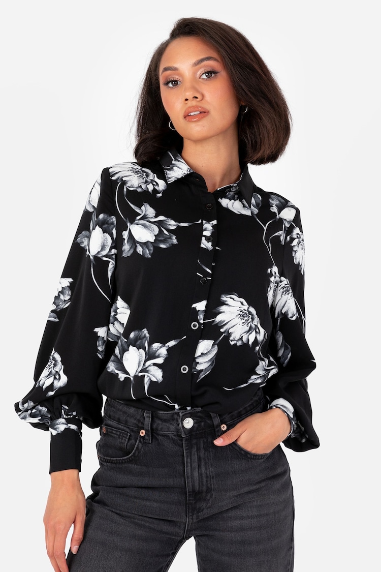 Lovedrobe Oversize Satin Printed Black Shirt - Image 1 of 7