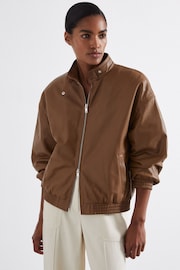 Reiss Tan Dru Atelier Leather Latched Collar Bomber Jacket - Image 1 of 6