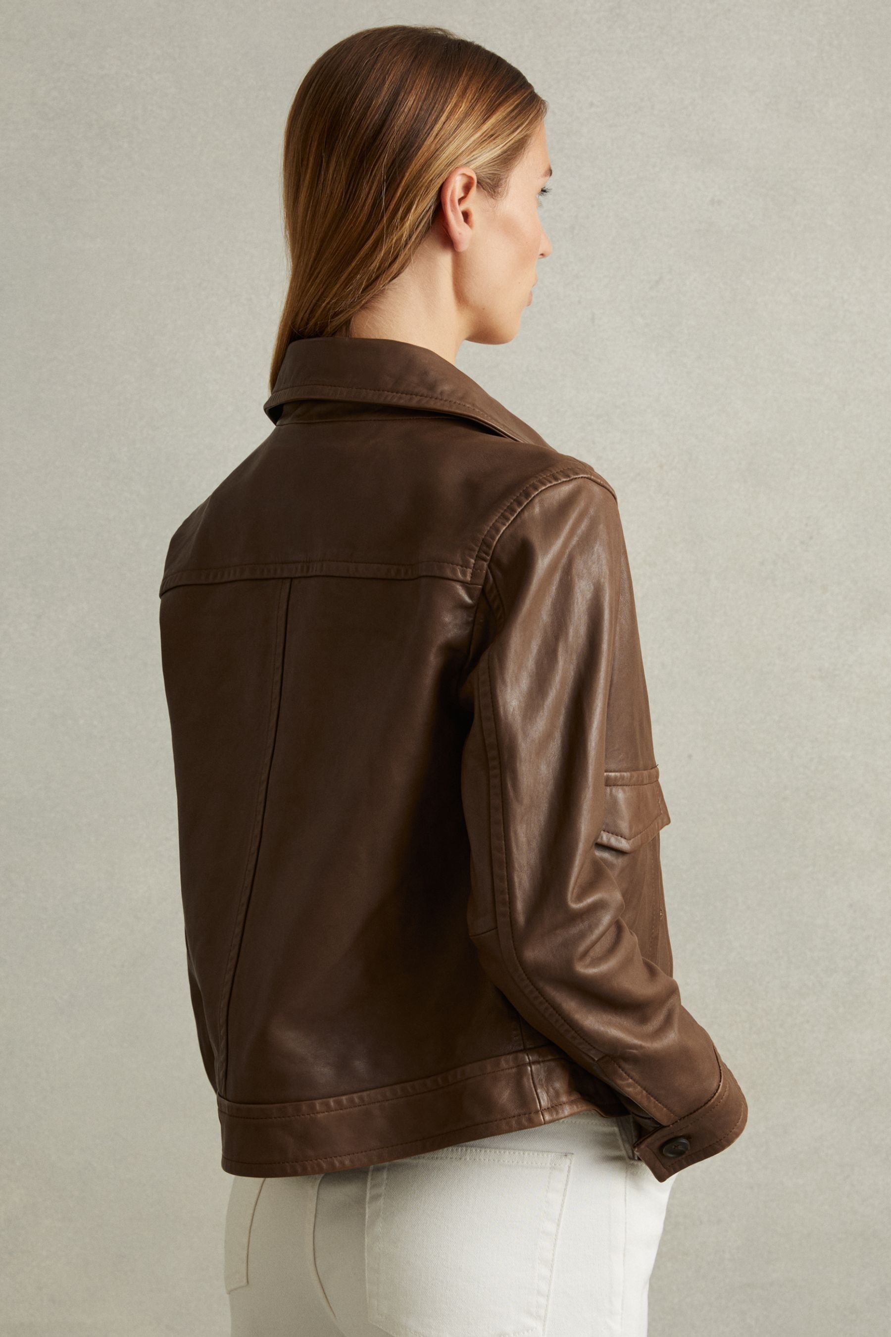 Reiss Chocolate Hanson Leather Trucker Jacket
