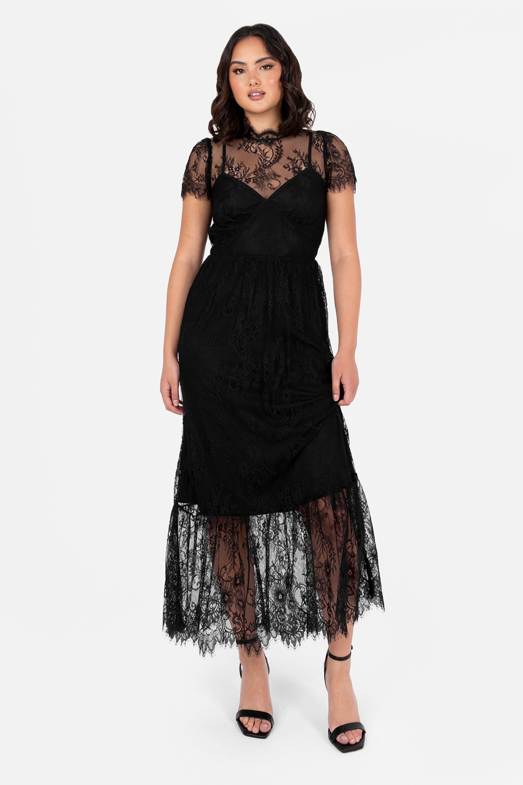 Lovedrobe Lace Tiered Hem Midaxi Black Dress