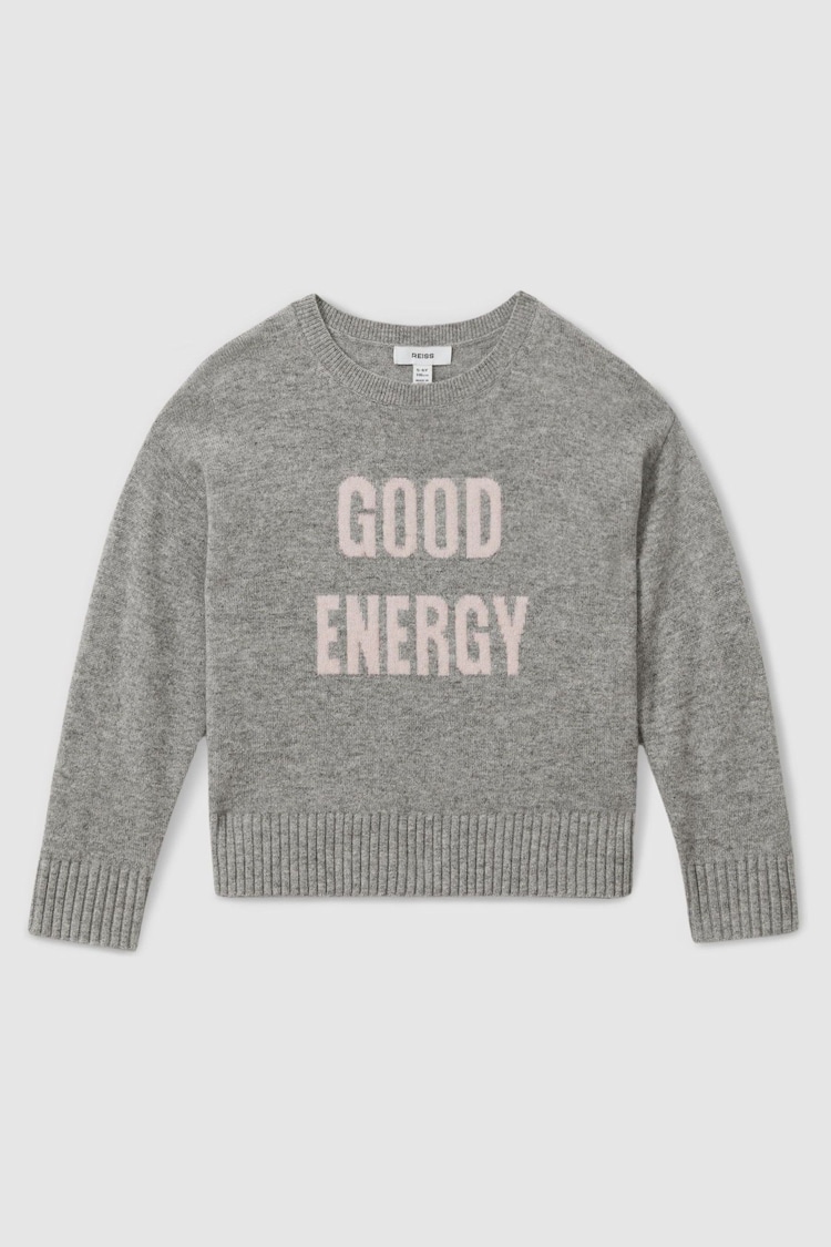 Reiss Grey Shelly Teen Wool Blend Crew Neck Slogan Jumper - Image 1 of 4