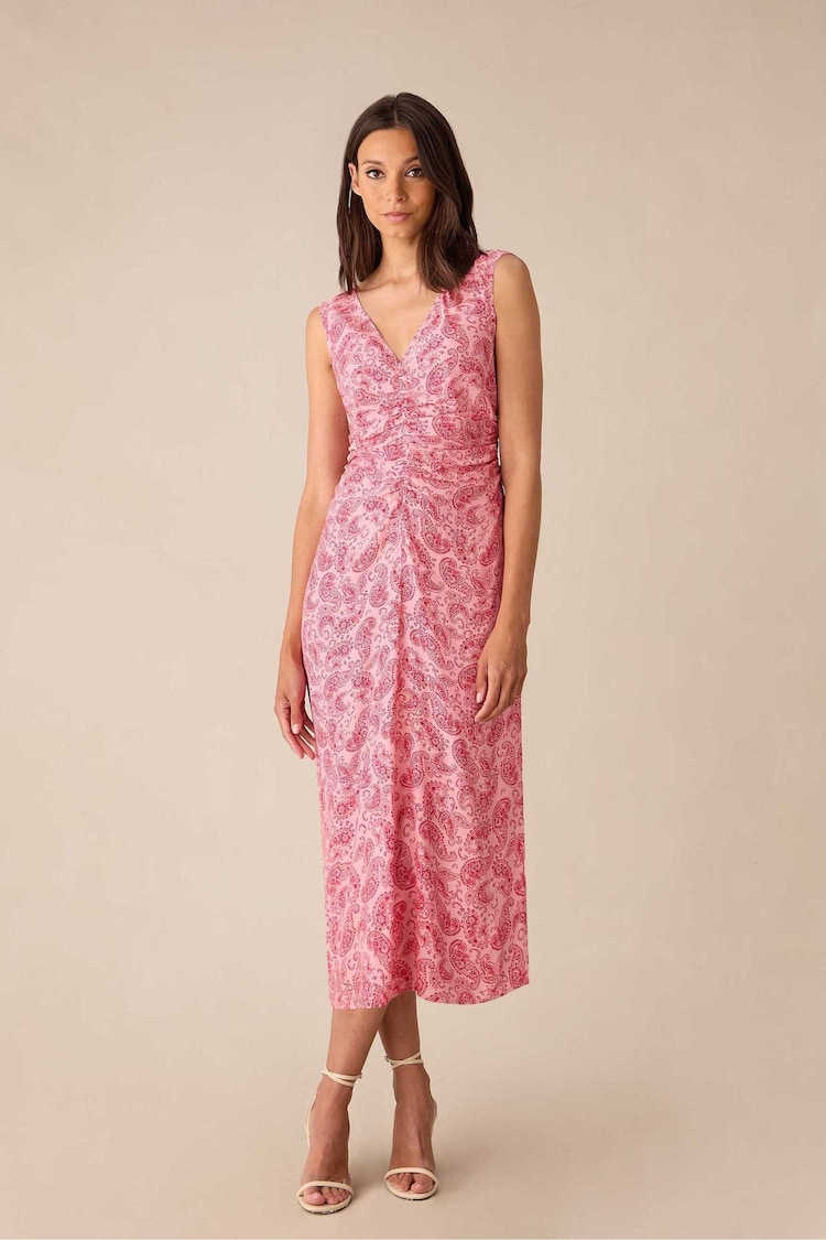 Ro&Zo Pink Petite Paisley Ruched Front V-Neck Midi Dress - Image 1 of 4