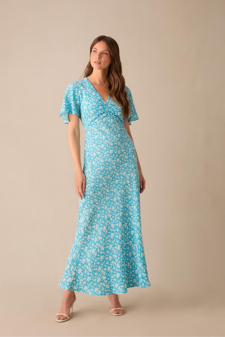 Ro&Zo Blue Petite Ditsy Floral Print Flutter Sleeve Midi Dress - Image 1 of 4