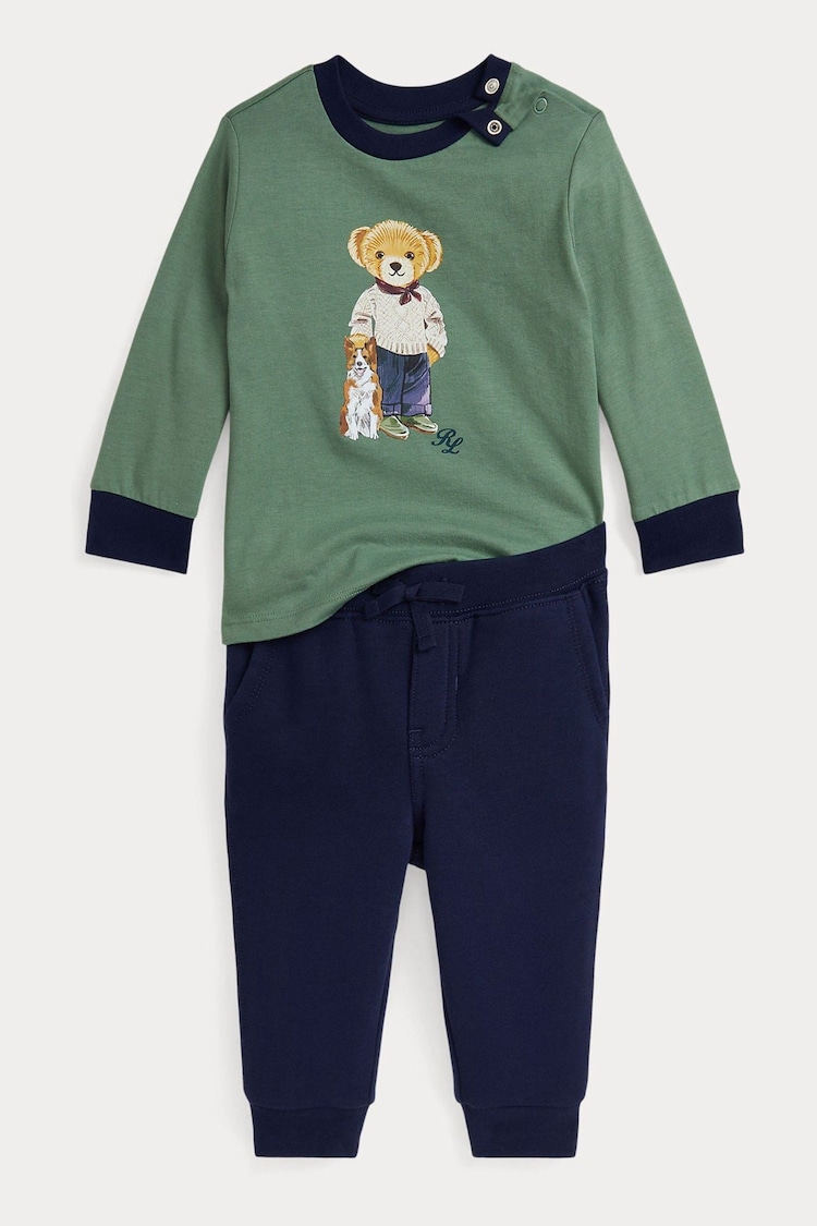 Polo Ralph Lauren Baby Green/Navy Polo Bear Jersey T-Shirt & Fleece Pant Set - Image 1 of 3