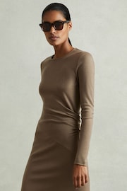 Reiss Camel Sloane Petite Wool Ruche Detail Midi Dress - Image 3 of 7