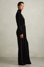 Reiss Black Vera Velvet Belted Wide Leg Jumpsuit - Image 3 of 5