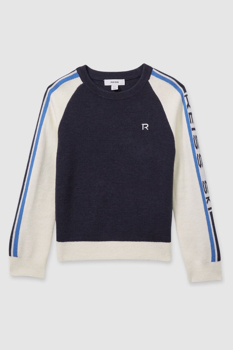 Reiss Navy/Blue Buckley Monogram Embroidered Jumper with Wool - Image 2 of 4