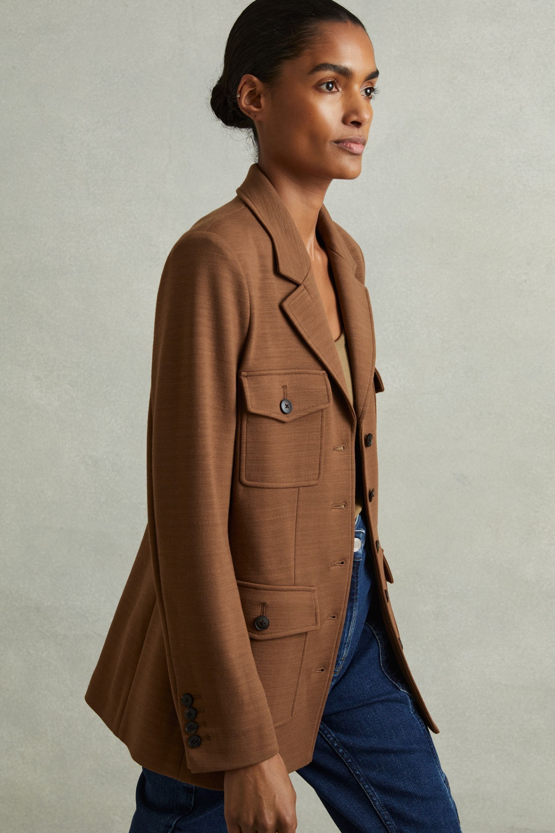 Reiss Dark Camel Jessie Ponte Button Through Overshirt