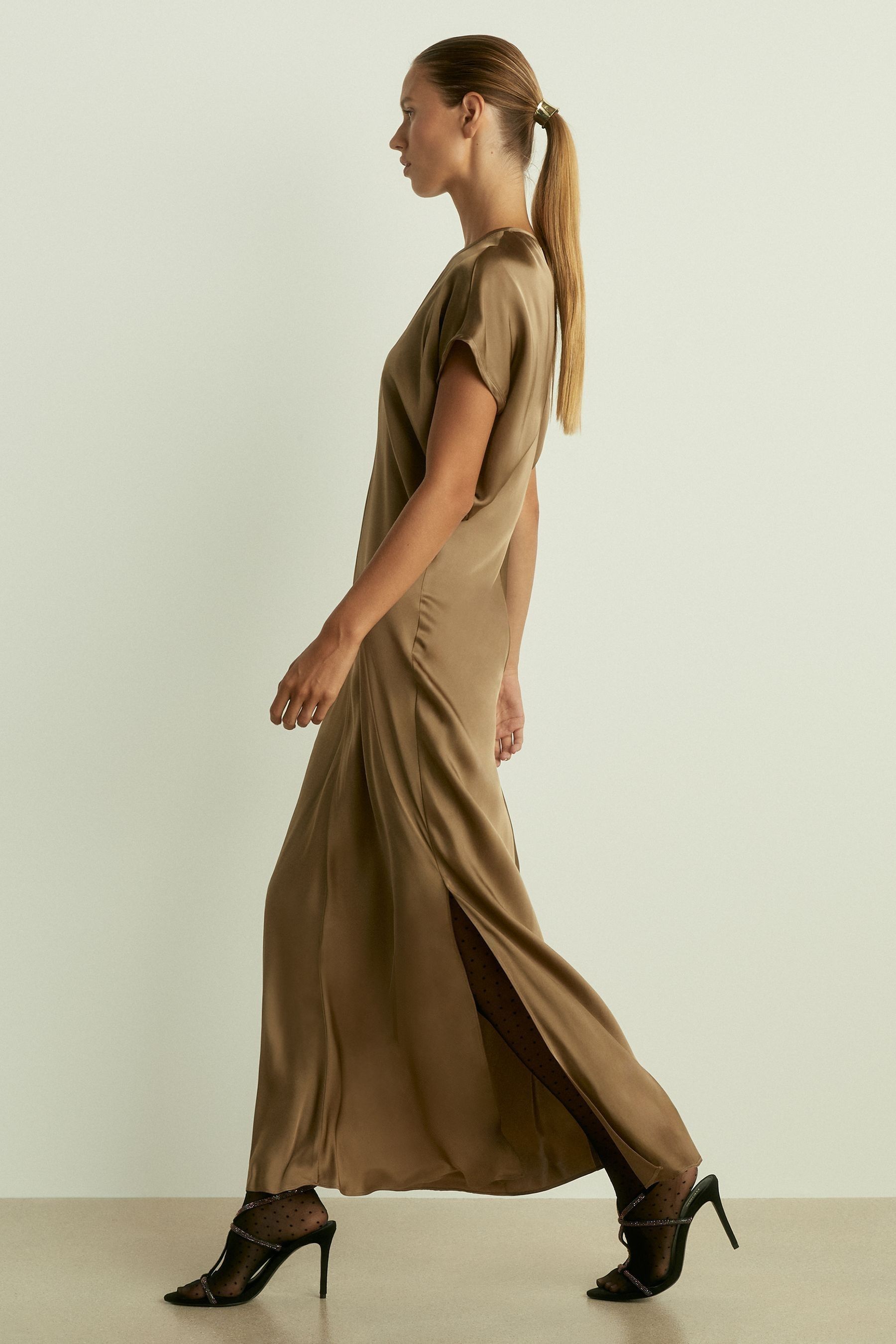 Khaki satin midi dress top