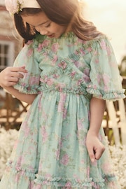 Sage Green Floral Cut Out Mesh Printed Occasion Dress (3-16yrs) - Image 2 of 9