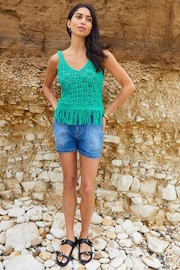 Threadbare Green Tassel Fringe Crochet Knit Vest Top - Image 3 of 4