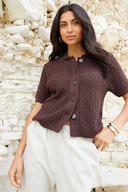 Threadbare Brown Crochet Knit Short Sleeve Shirt - Image 5 of 5