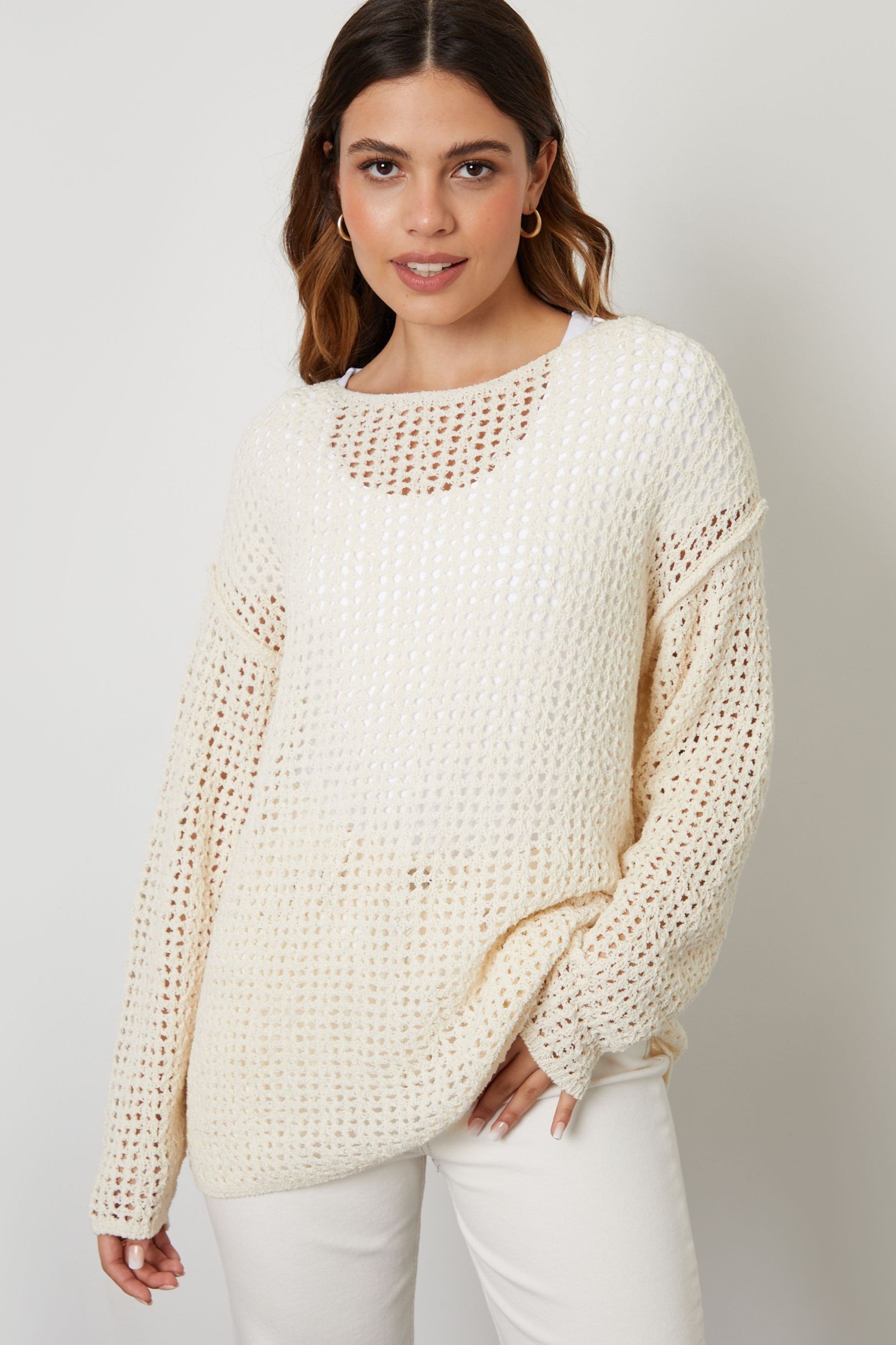 Buy Threadbare Brown Slash Neck Open Knit Longline Jumper from Next Luxembourg