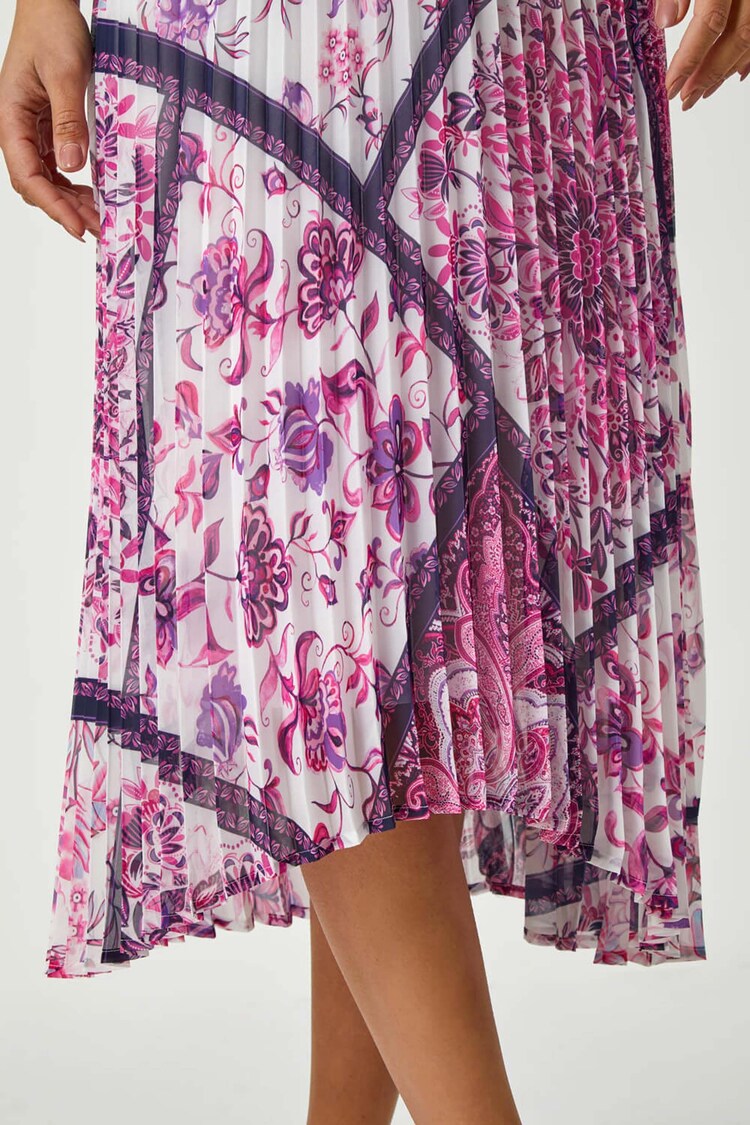 Roman Pink Paisley Scarf Print Pleated Midi Dress - Image 5 of 5