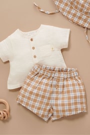 Purebaby Check Linen Brown T-Shirt and Shorts Set - Image 1 of 5