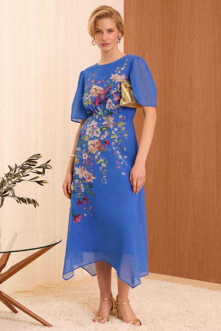 V&A | Love & Roses Blue Petite Placement Print Flutter Sleeve Midi Dress - Image 1 of 4