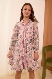 Love & Roses Pink Printed Metallic Chiffon Shirt Dress (5-16yrs) - Image 1 of 4