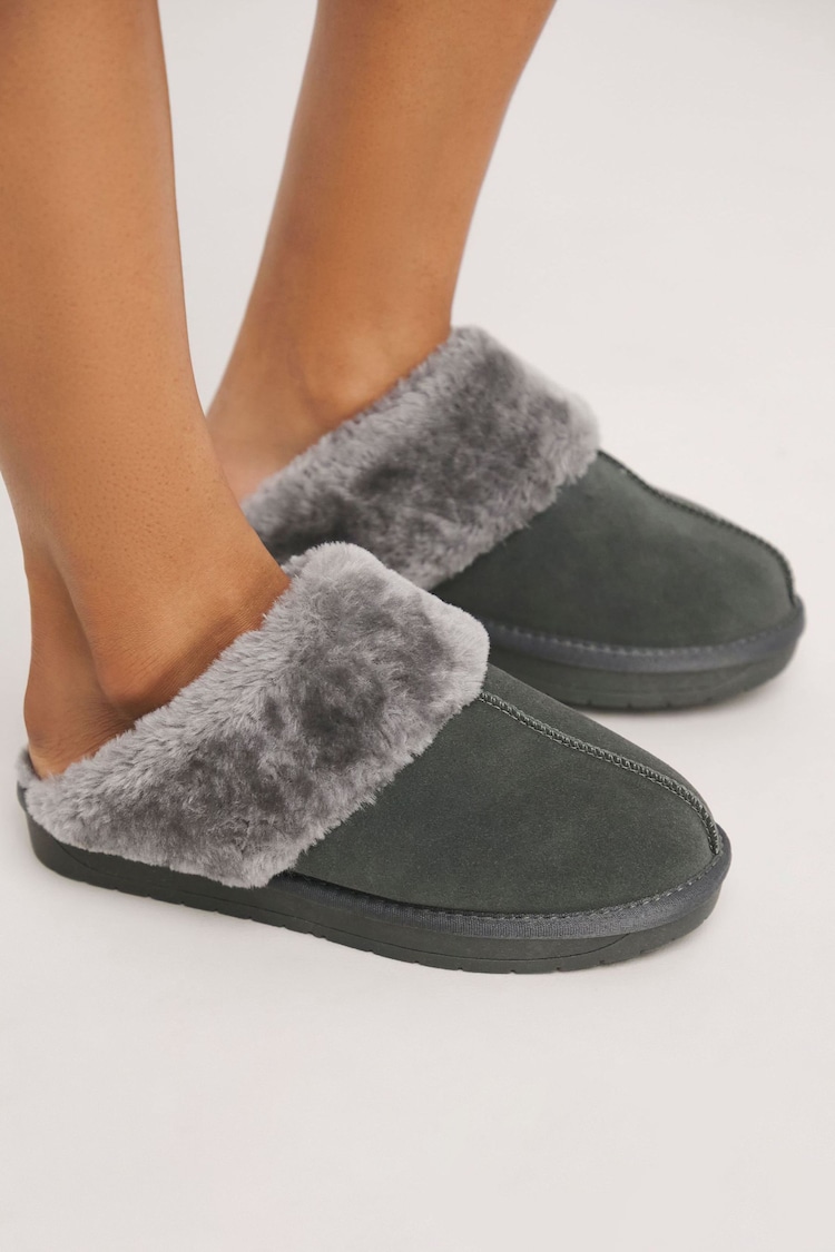 Simply Be Grey Extra Wide Fit Faux Fur Lined Suede Mule Slippers - Image 1 of 5